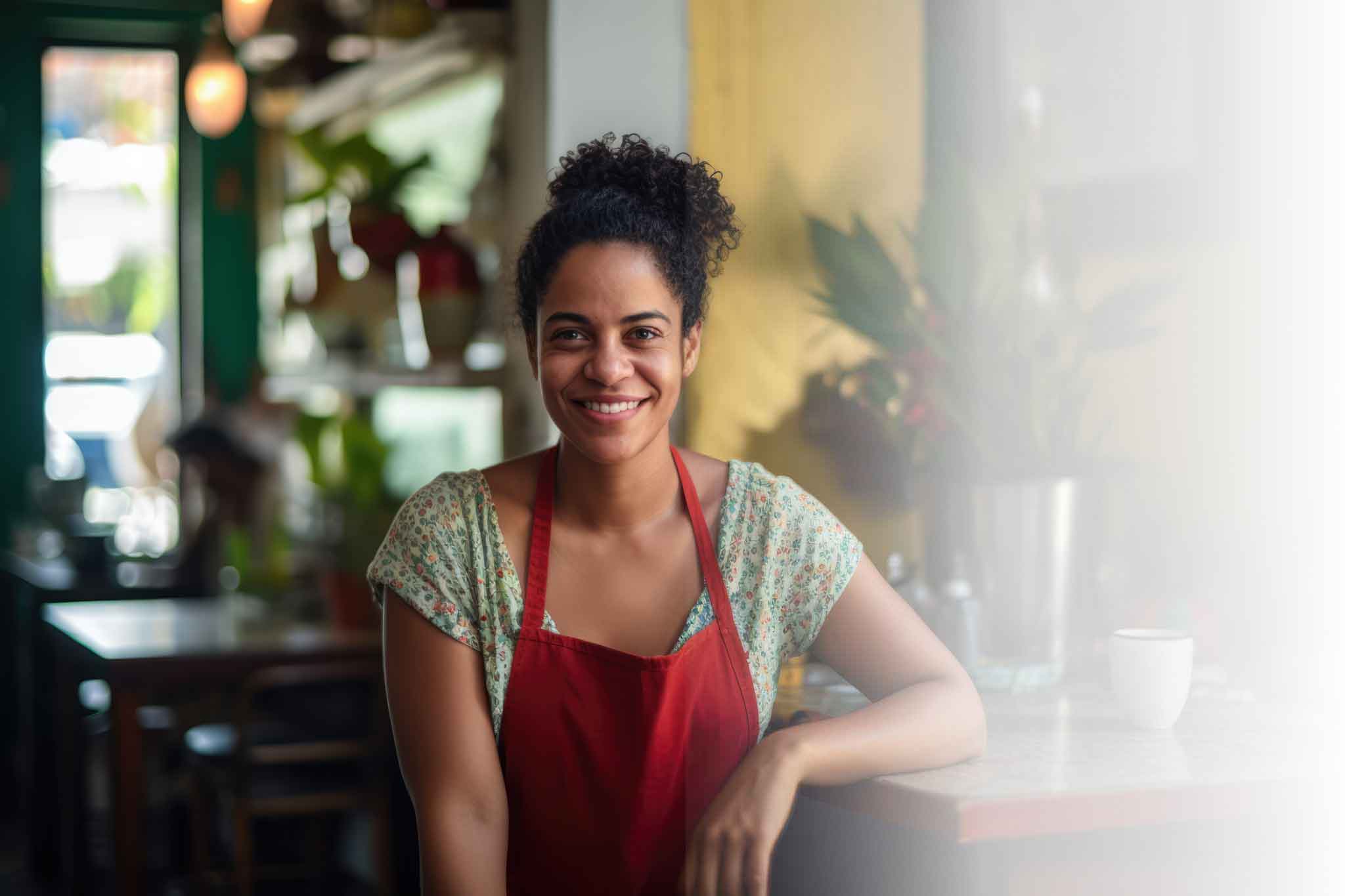 Mujer en una cafetería con un delantal rojo